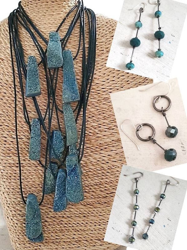 teal crystal necklace and 3 earring sets